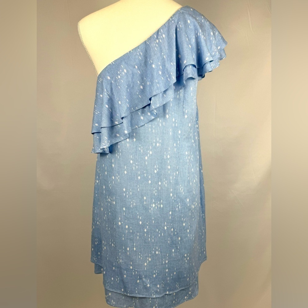 Charles Henry Shift Mini Dress One Shoulder Ruffle Pastel Blue Dot Medium Summer - Picture 9 of 13